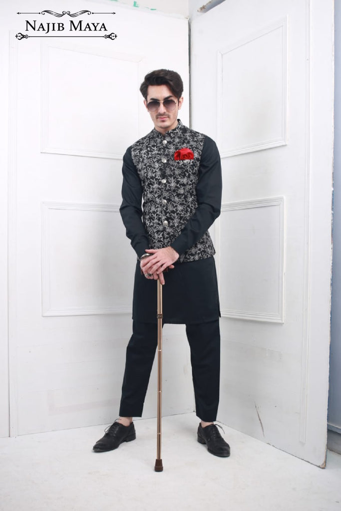 Black Embroidered Waist Coat For Men's