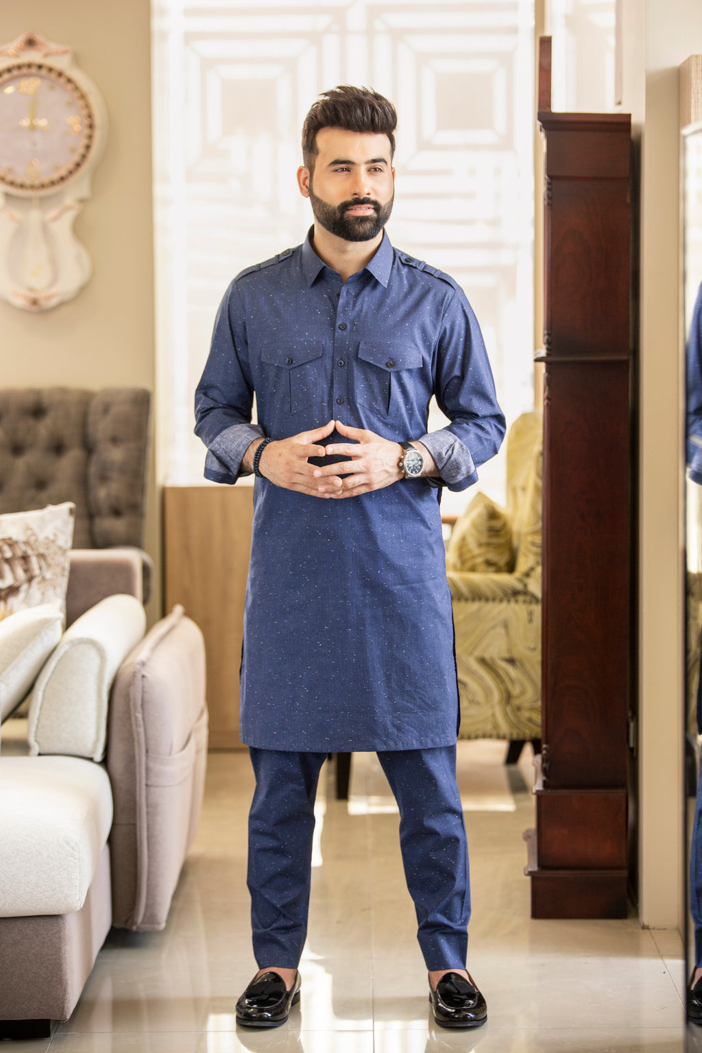Blue Front Double Pocket Kurta Pajama For Couples