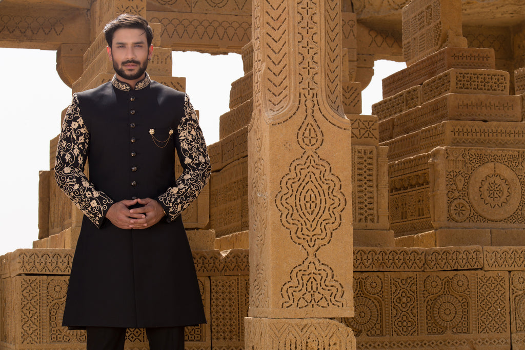 Black Sherwani With Sleeves Embroidery For Men's