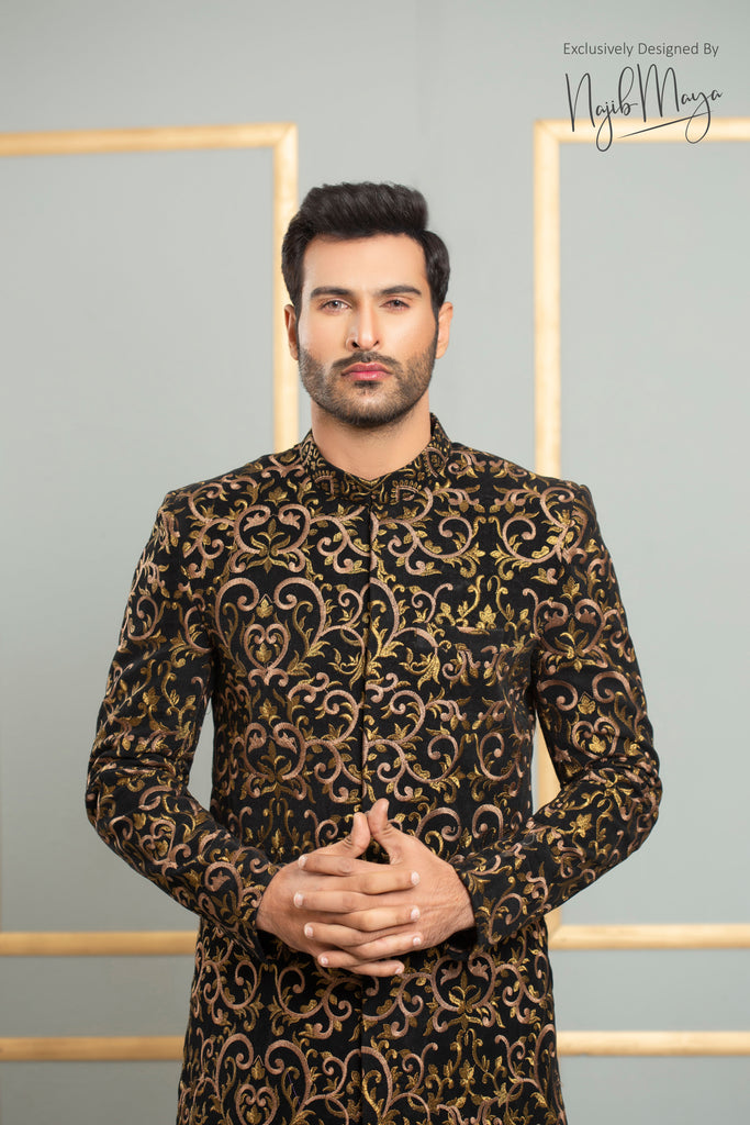 Black With Golden Sequence Embroidered Sherwani For Men's