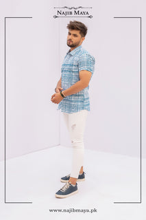Sky Blue & White Half Sleeve Casual Shirt For Men's