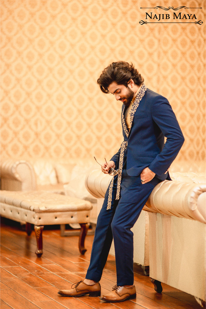 Royal Blue Embroidered Coat Pant  For Men's