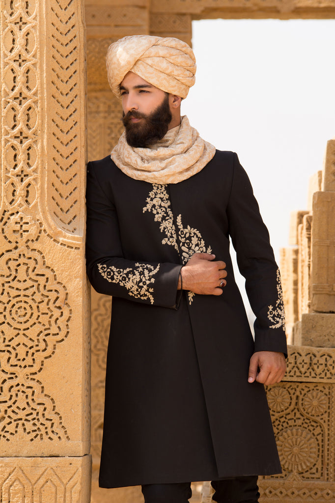 Black Sherwani With Golden Embroidery For Men's