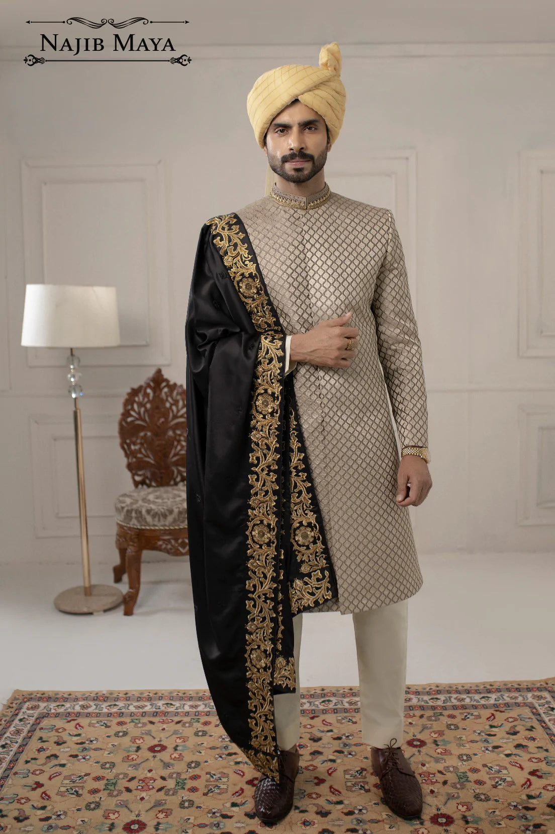 Beige Classic Embroidered Sherwani For Men's Main image