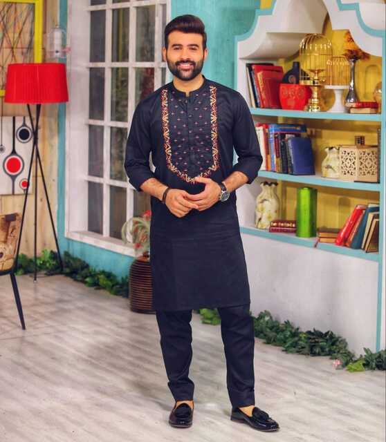 Black Front Embroidery Kurta Pajama For Men's Main image