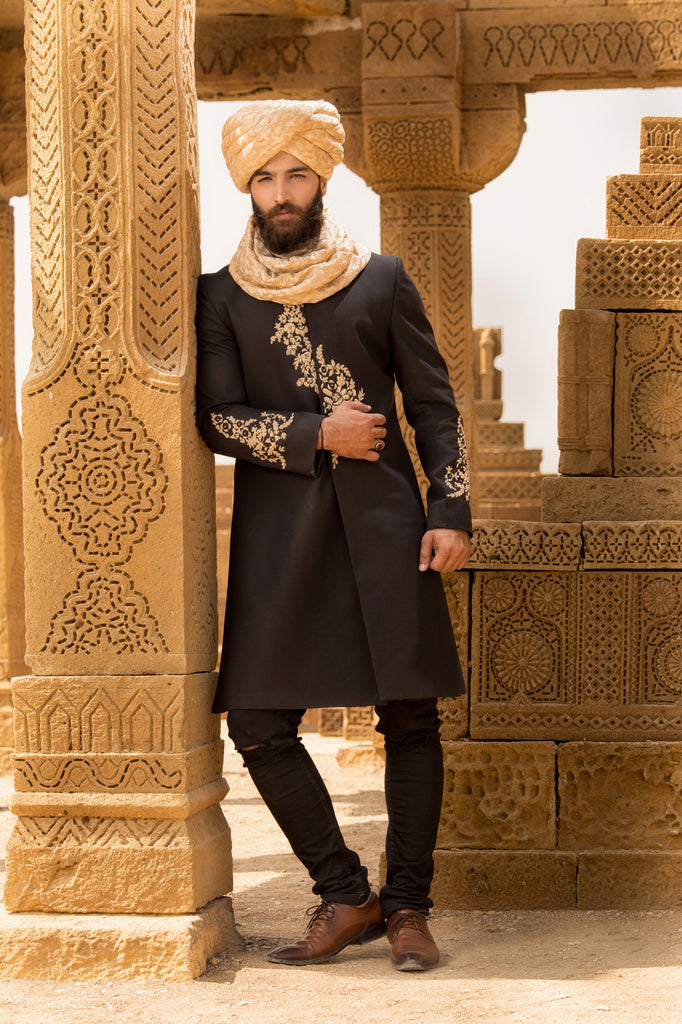 Black Sherwani With Golden Embroidery For Men's