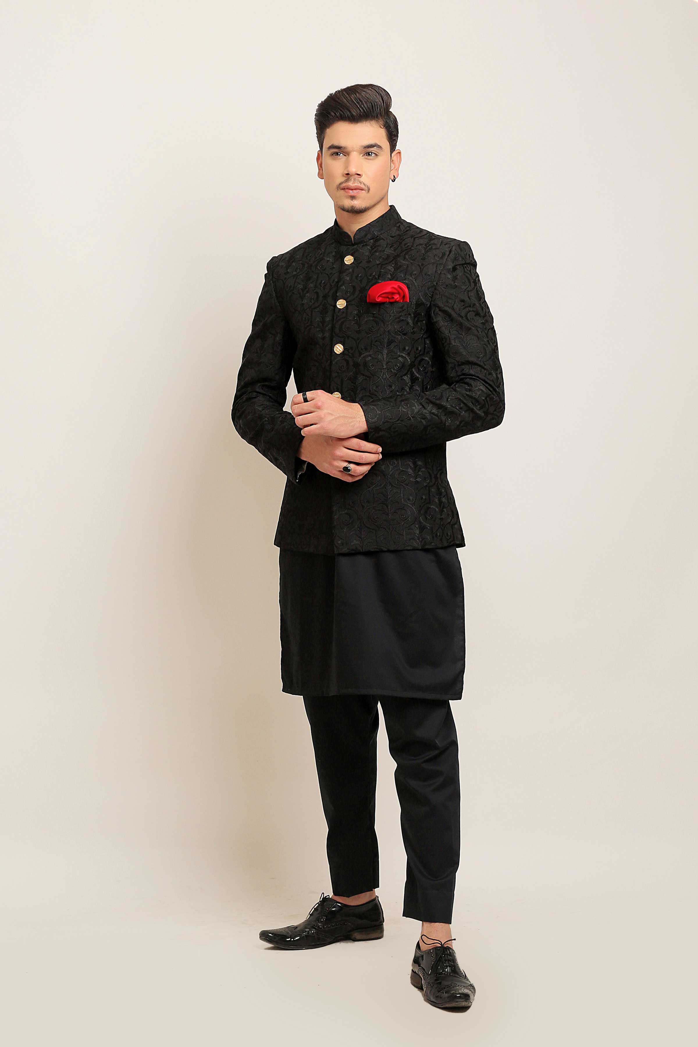 Black Sequence Emboridery Prince Coat For Men's Main image