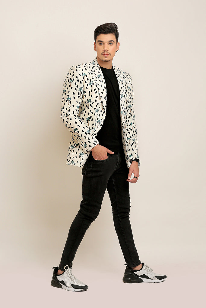 White Casual Coat With Black Print For Men's