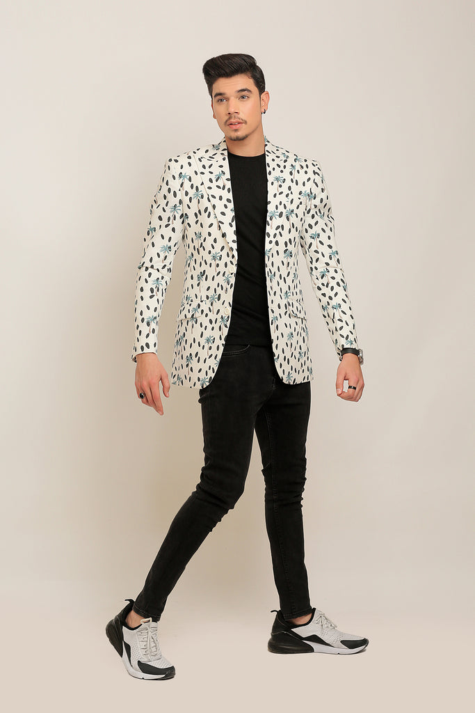 White Casual Coat With Black Print For Men's