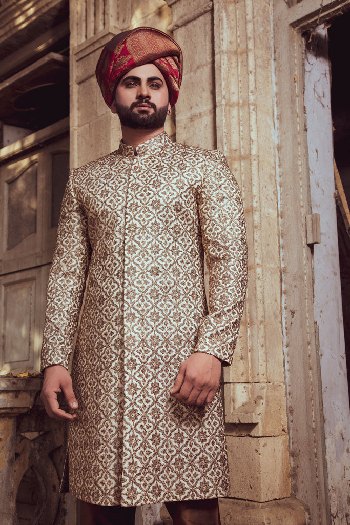 Golden & Brown With Red Turban Sherwani For Men's