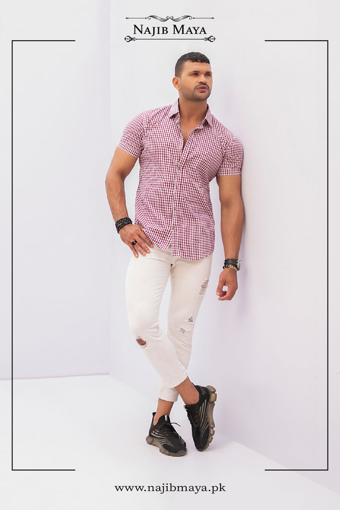 Red & White Check Casual Shirt For Men's