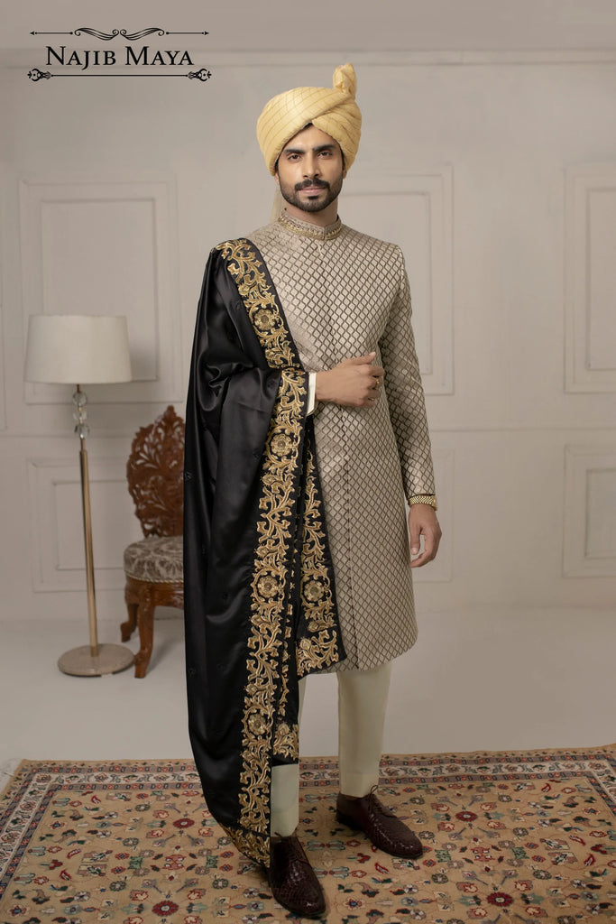 Beige Classic Embroidered Sherwani For Men's