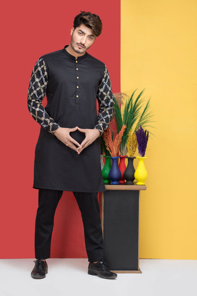 Black Sleeves Embroidery Kurta Pajama For Men's