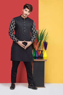 Black Sleeves Embroidery Kurta Pajama For Men's