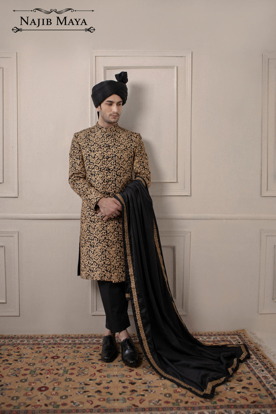 Black With Golden Embroidered Sherwani For Men's Main image