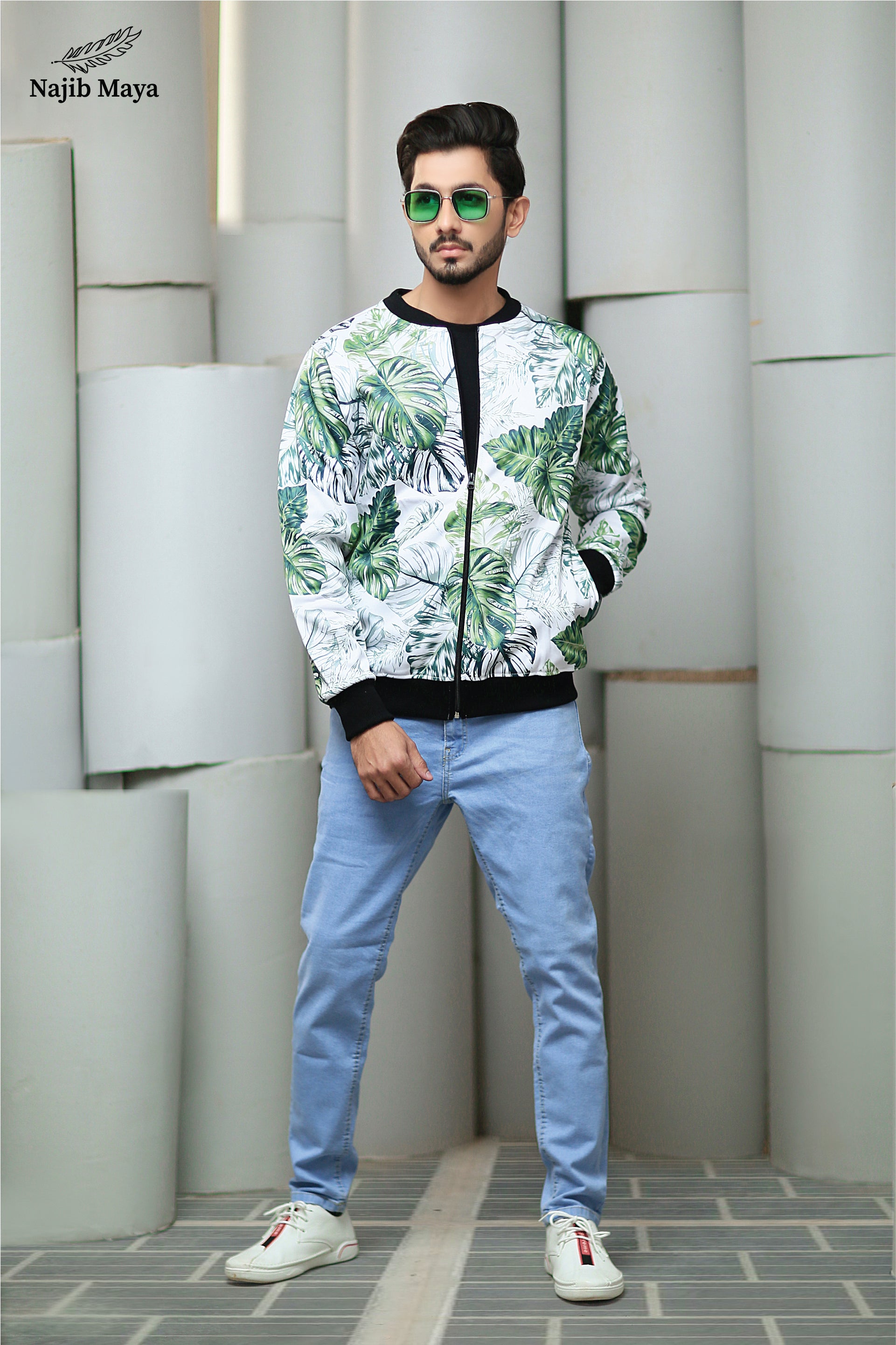 Green O White Bomber Jacket For Men's Main image