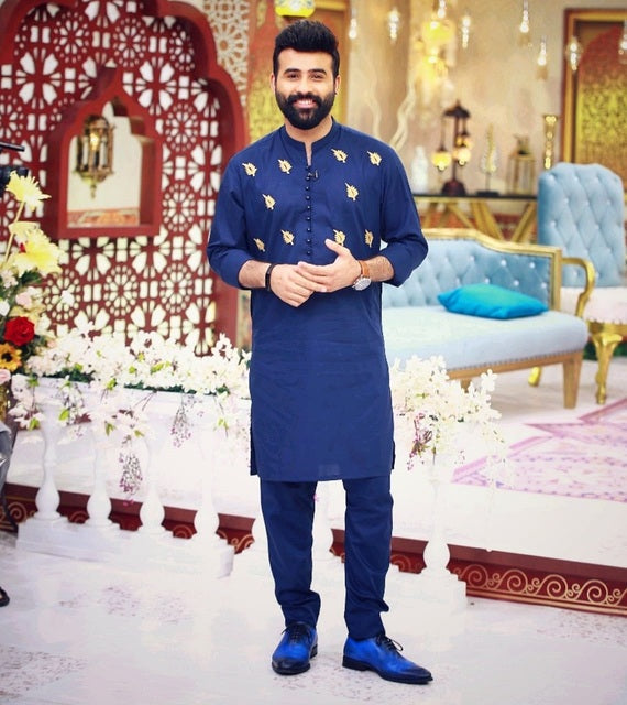 Royal Blue Front Leave Embroidery Kurta Pajama For Men's Main image