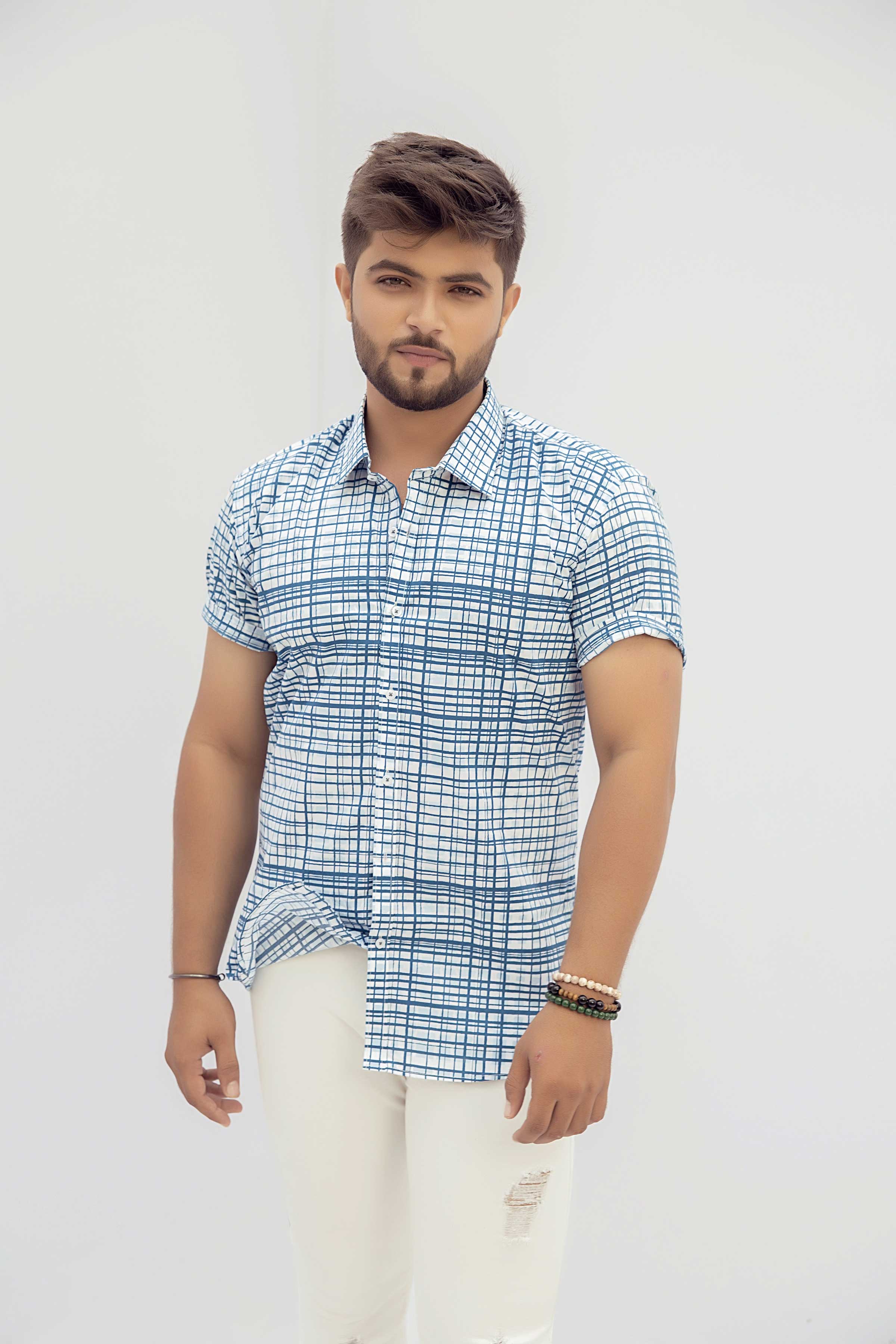 Sky Blue & White Half Sleeve Casual Shirt For Men's Secondary image