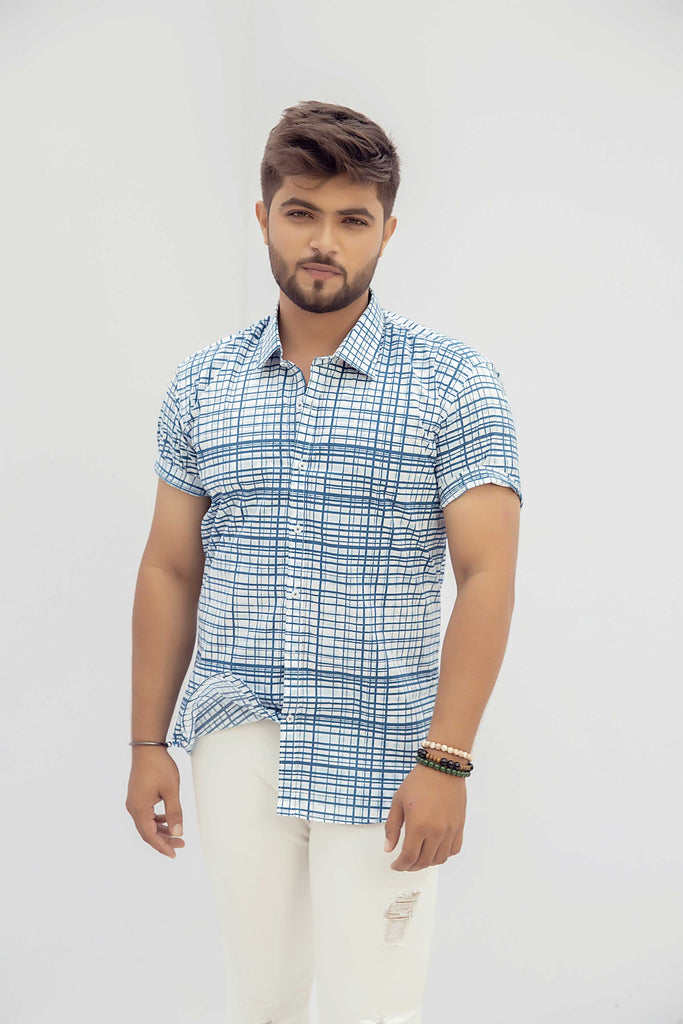 Sky Blue & White Half Sleeve Casual Shirt For Men's