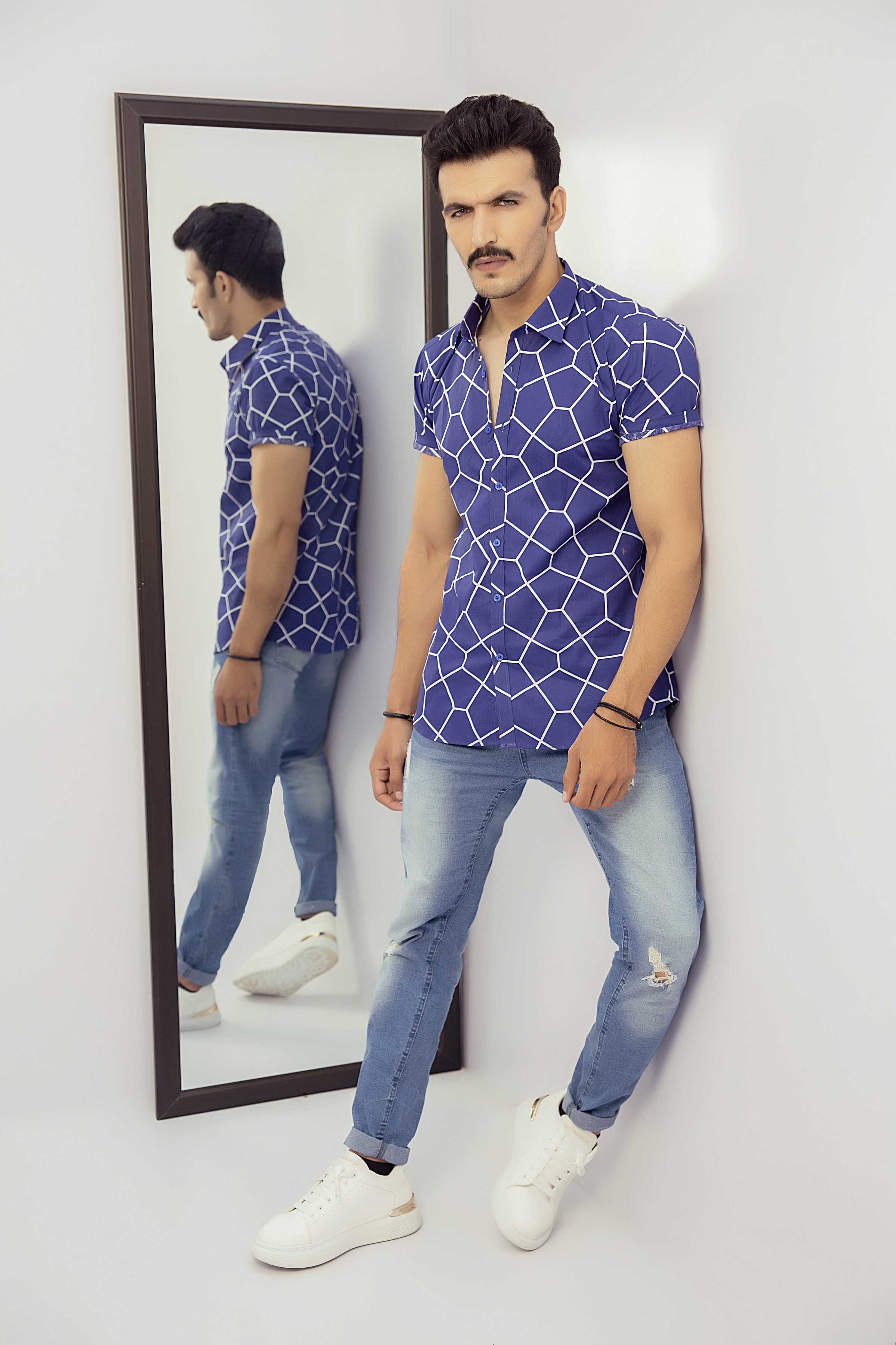 Blue Printed Casual Shirt For Men's Secondary image