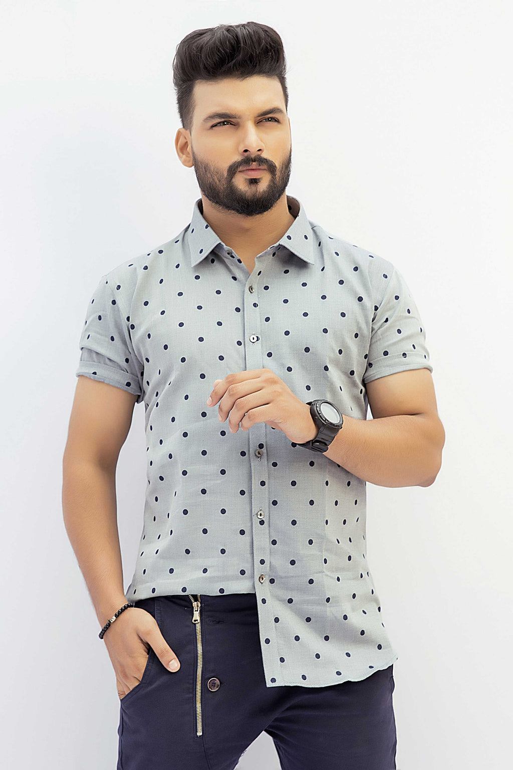 Gray Casual Shirt With Black Dot For Men's