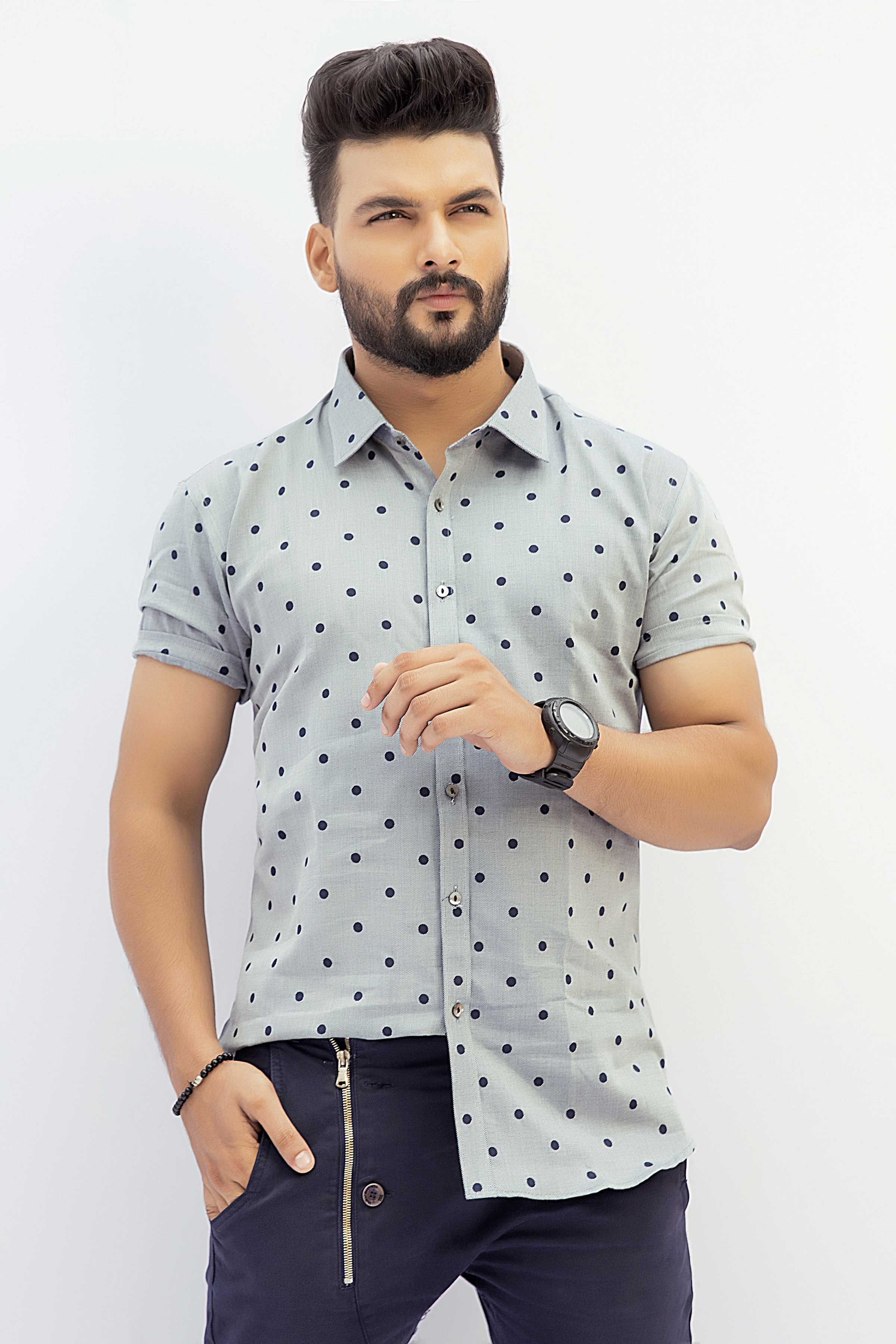 Gray Casual Shirt With Black Dot For Men's