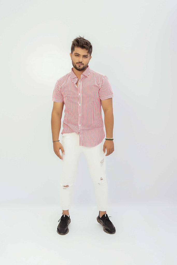 Pink Lining Half Sleeve Casual Shirt For Men's