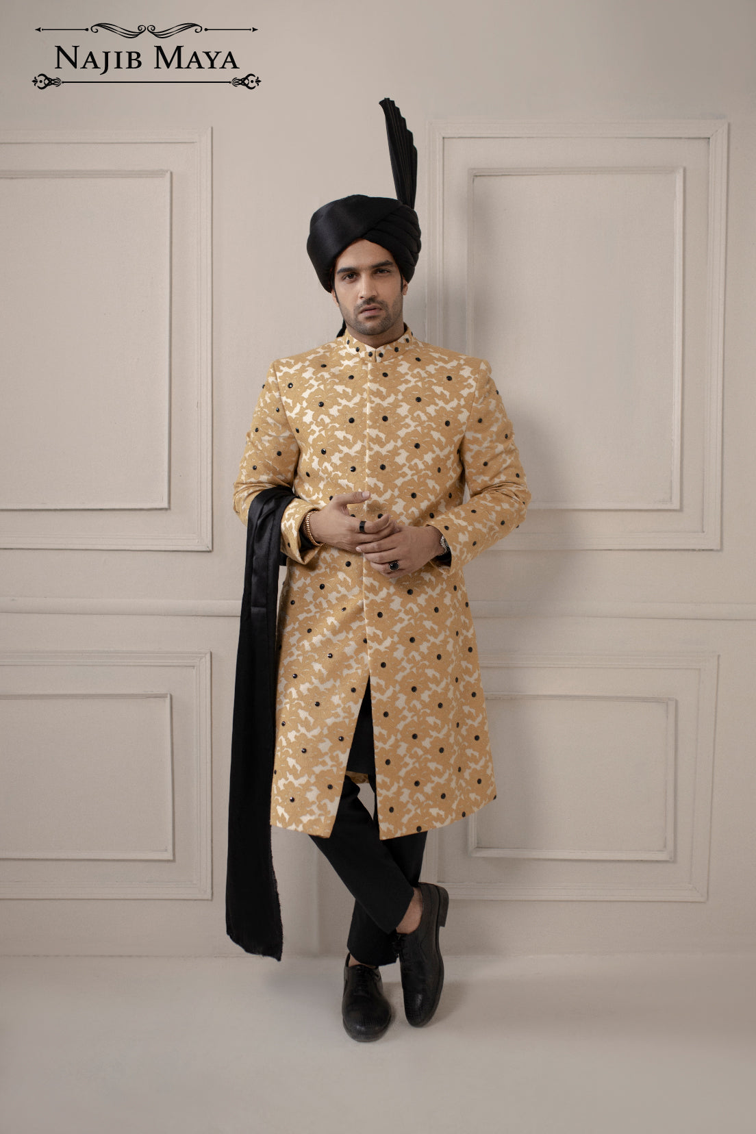 Golden With Black Dotted Embroidered Sherwani For Men's Main image