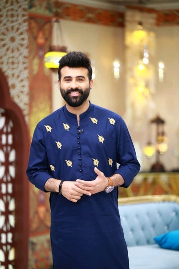 Royal Blue Front Leave Embroidery Kurta Pajama For Men's Secondary image