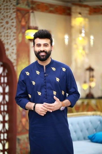 Royal Blue Front Leave Embroidery Kurta Pajama For Men's