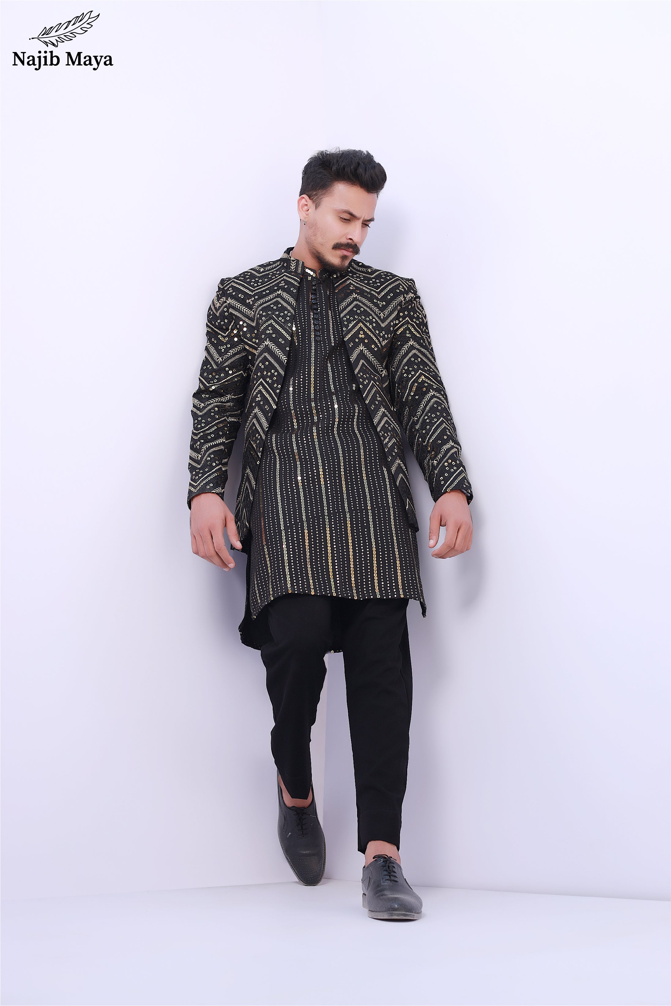 Black Sequence Prince Coat For Men's Main image