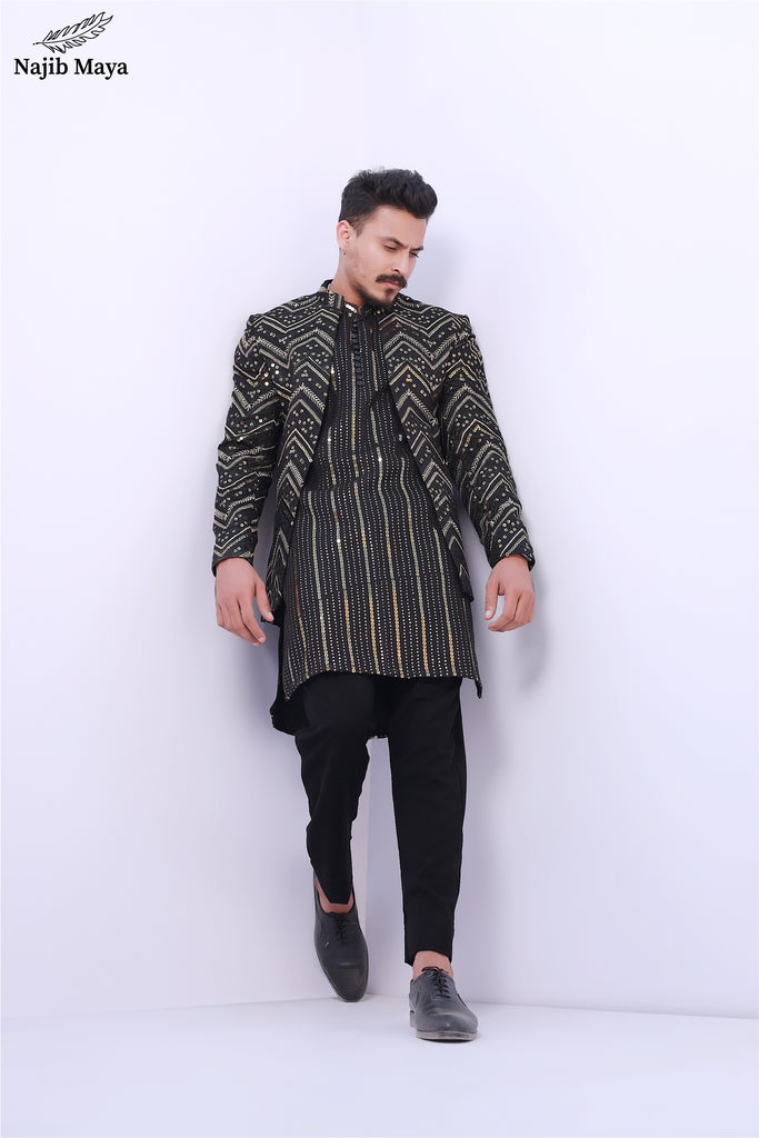 Black Sequence Prince Coat For Men's