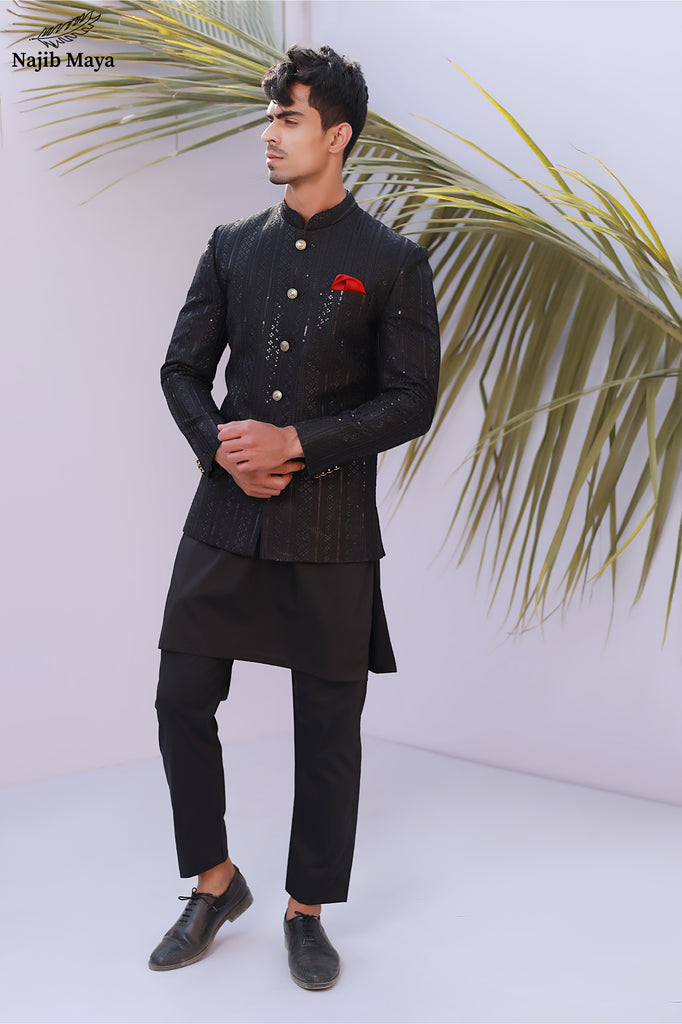 Black Stylish Sequence Embroidery Prince Coat For Men's