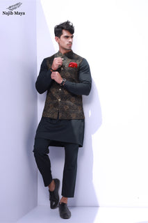 Black Stylish Embroidered Waist Coat For Men's