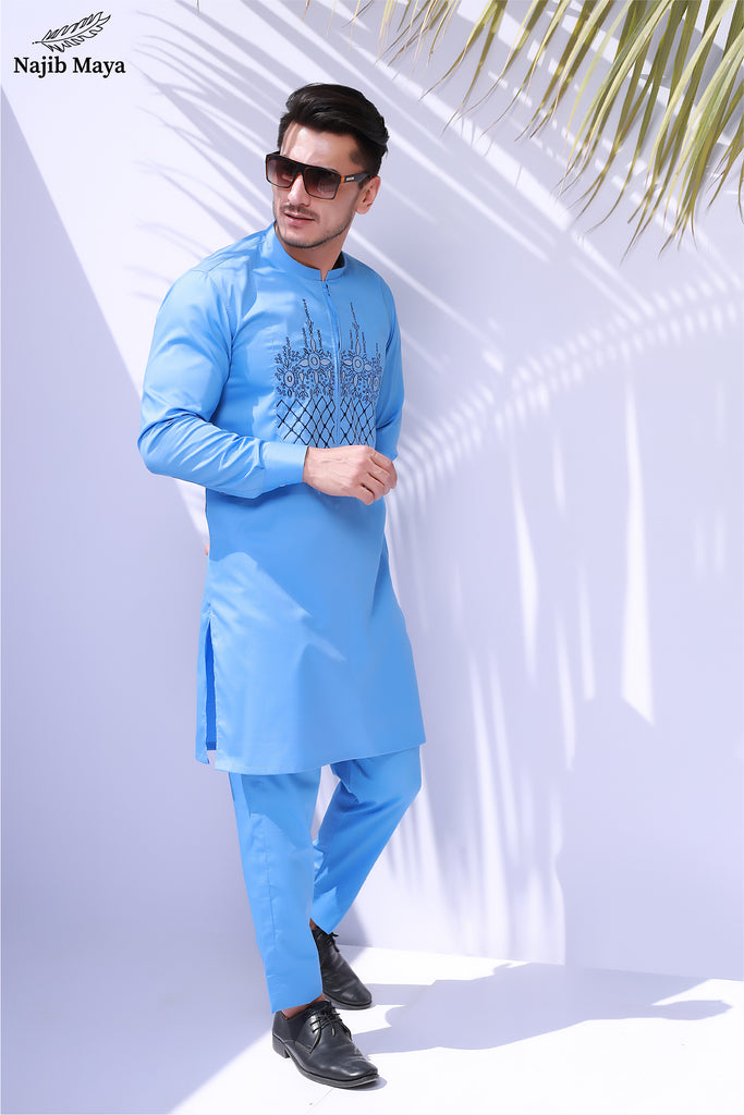 Blue Front Emboridery Kurta Pajama For Men's