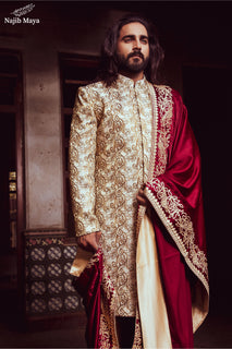 Classic Beige  Traditional Embroidered Sherwani For Men's
