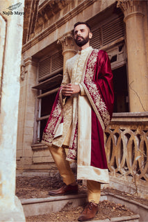 Classic Cream Embroidered Sherwani For Men's
