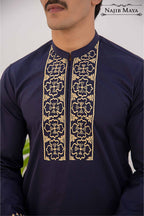Navy Blue with Golden Embroidery Kurta Pajama For Men's