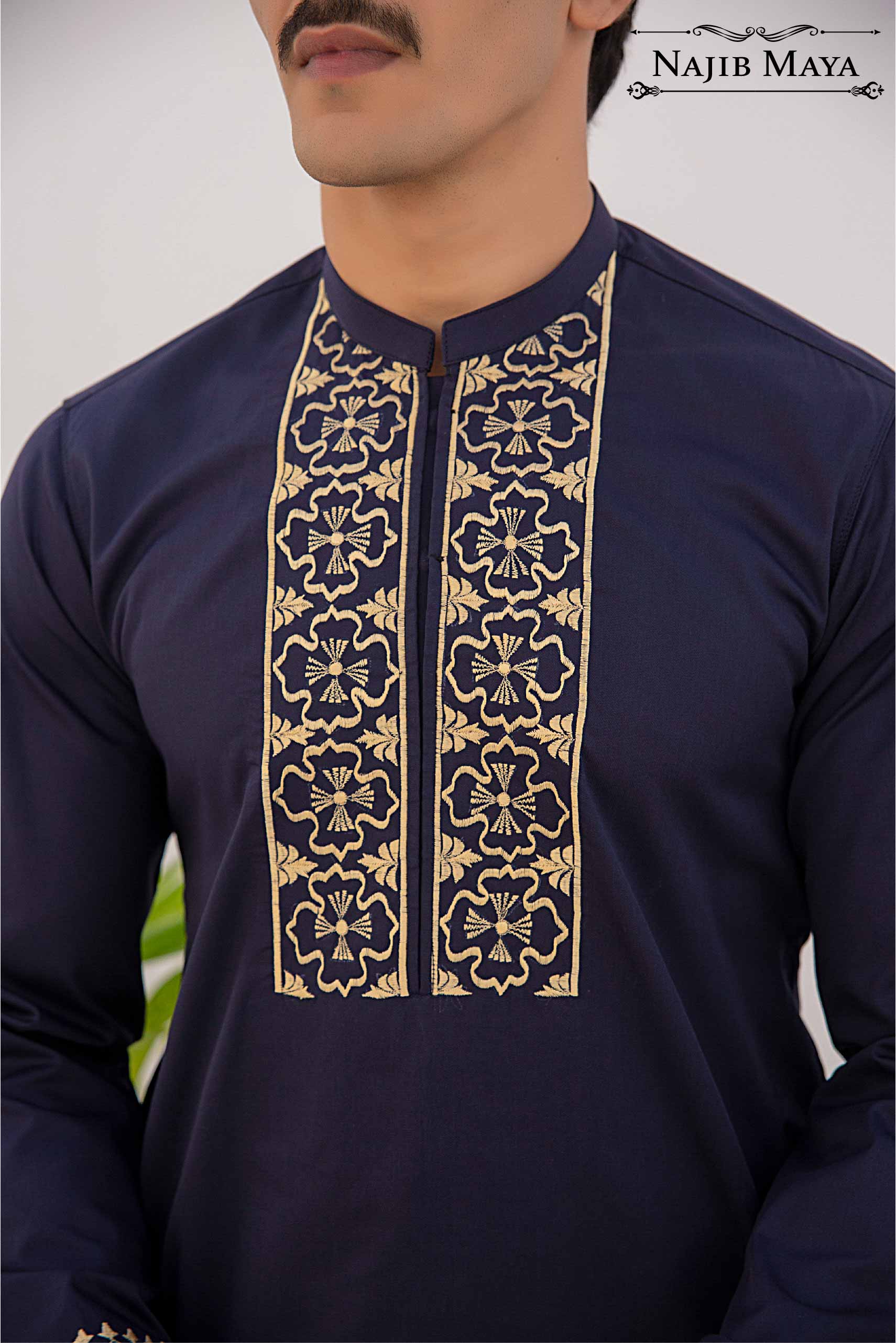 Navy Blue with Golden Embroidery Kurta Pajama For Men's