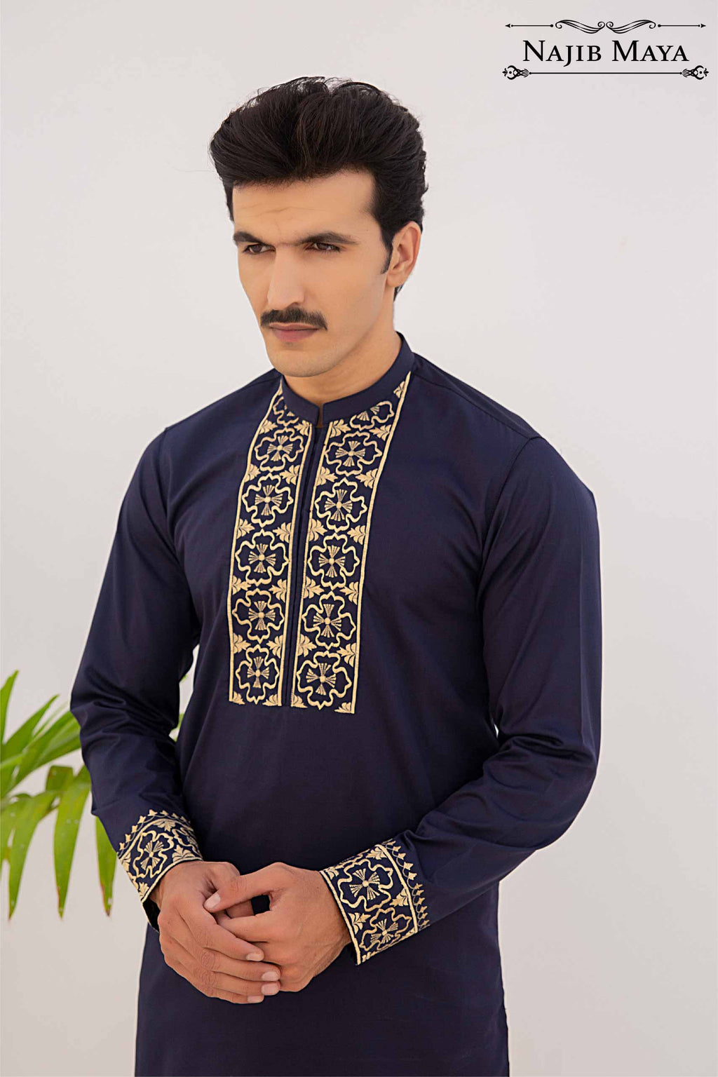 Navy Blue with Golden Embroidery Kurta Pajama For Men's