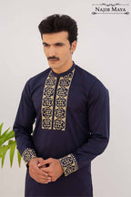 Navy Blue with Golden Embroidery Kurta Pajama For Men's