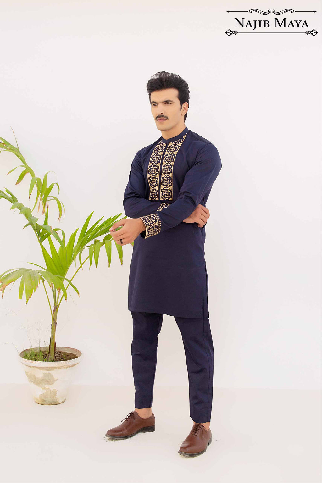 Navy Blue with Golden Embroidery Kurta Pajama For Men's