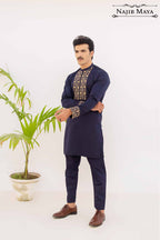 Navy Blue with Golden Embroidery Kurta Pajama For Men's