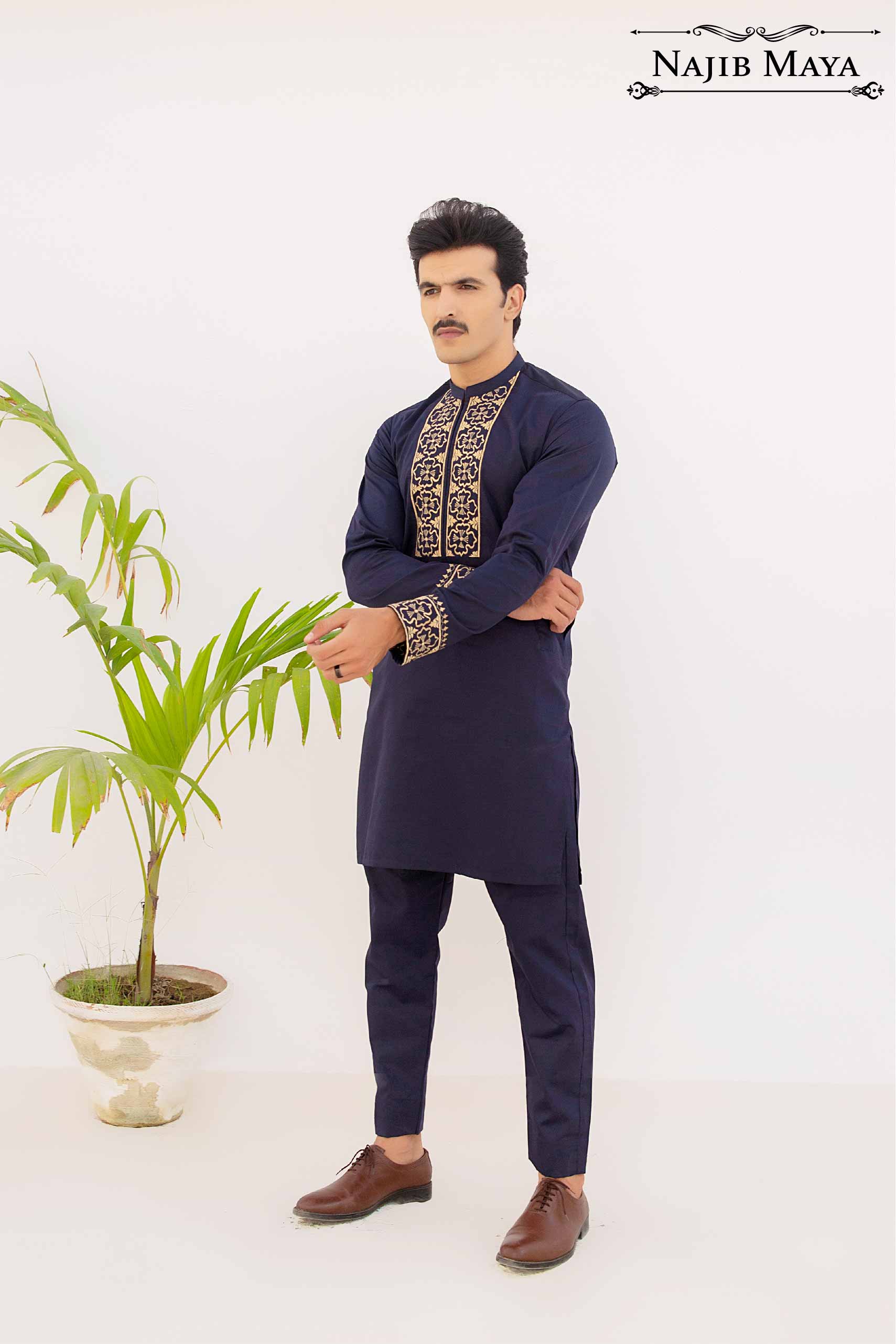 Navy Blue with Golden Embroidery Kurta Pajama For Men's