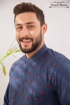Blue Front Embroidered Kurta Pajama For Men's