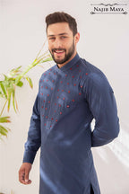 Blue Front Embroidered Kurta Pajama For Men's