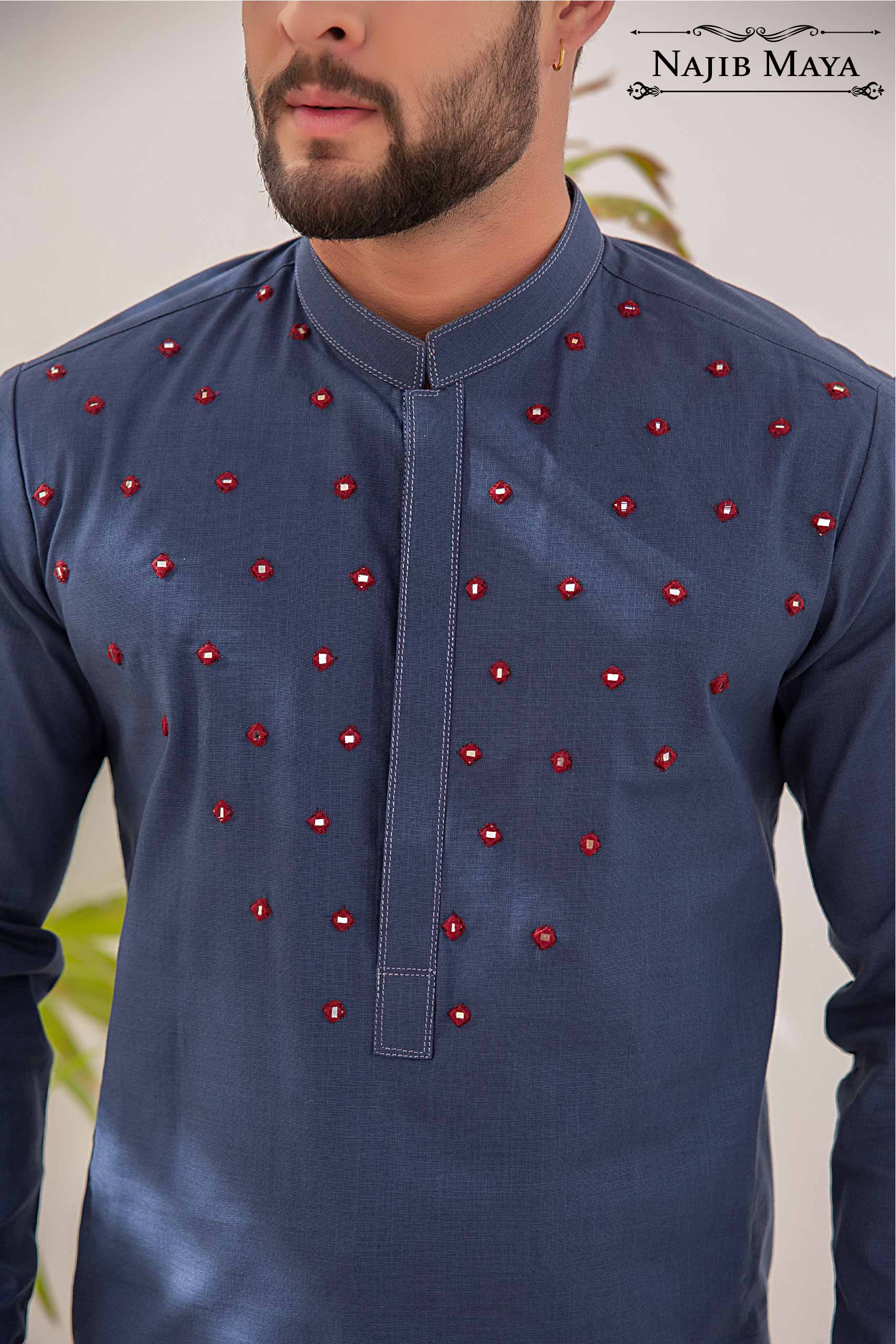Blue Front Embroidered Kurta Pajama For Men's Secondary image