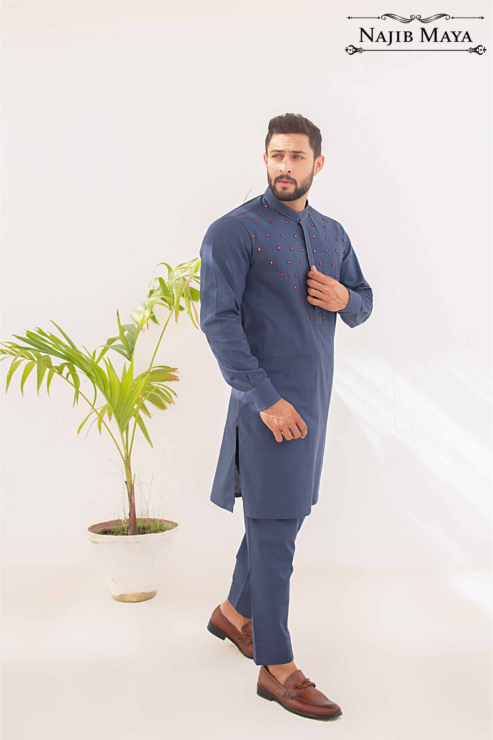Blue Front Embroidered Kurta Pajama For Men's Main image