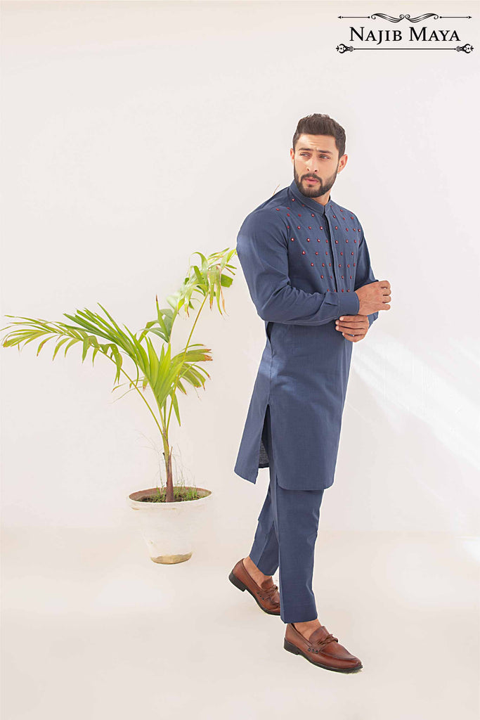 Blue Front Embroidered Kurta Pajama For Men's