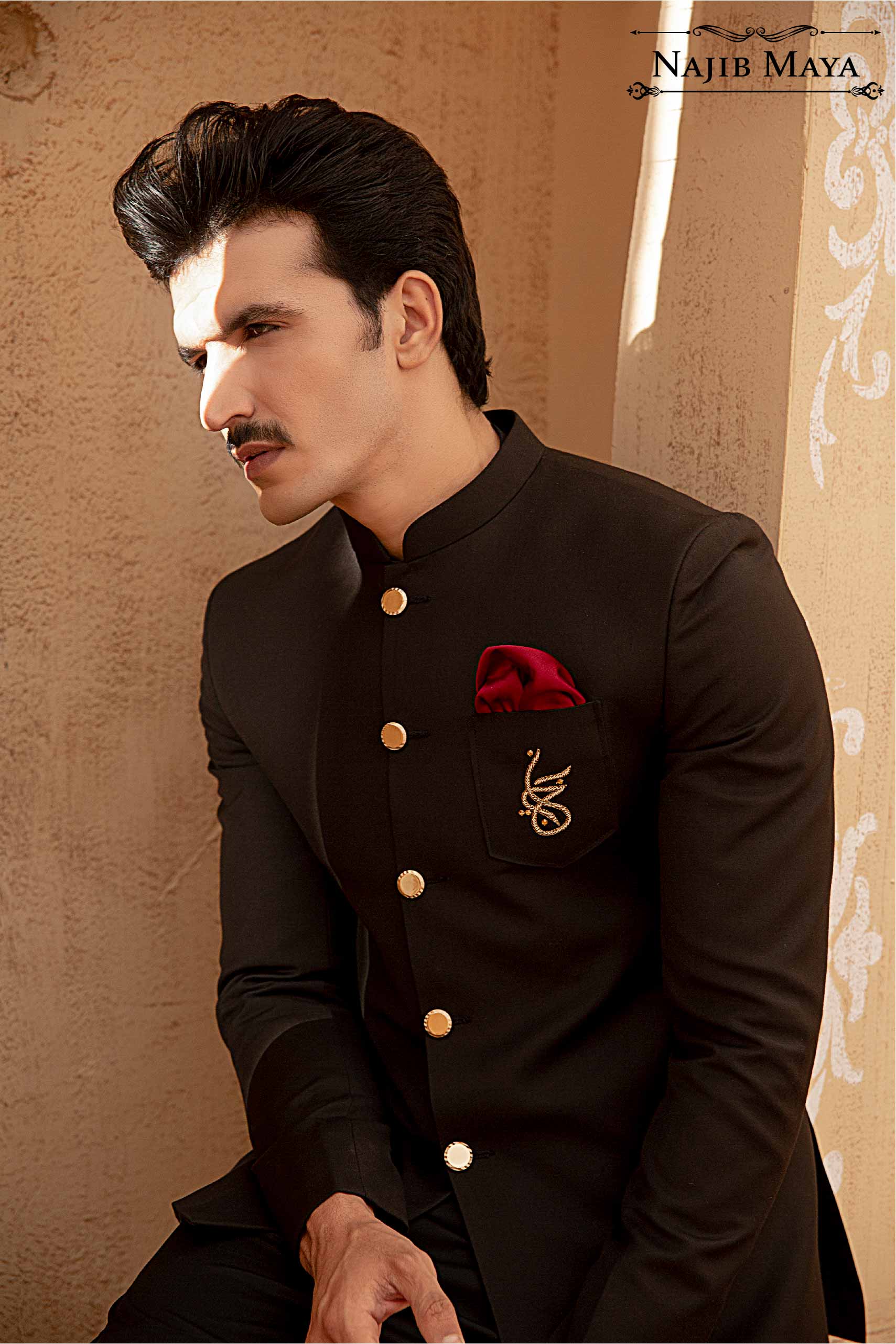 Black Logo Hand Work Prince Coat  & Black Kurta Pajama For Men's